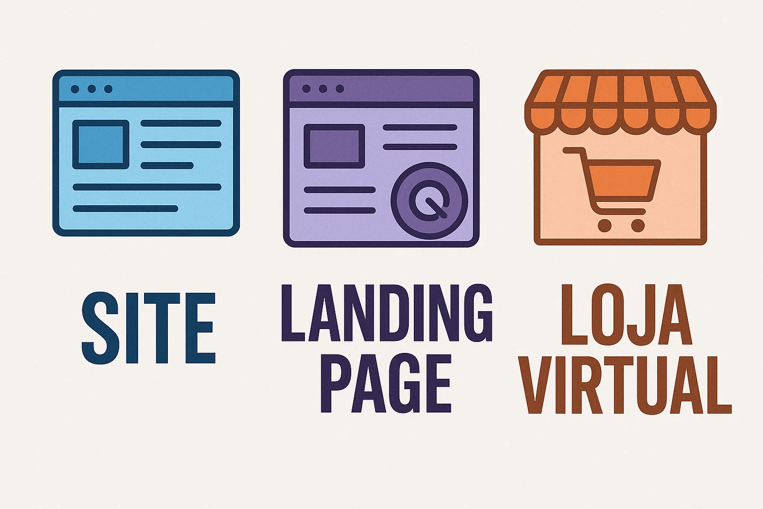 Imagem mostrando diferenças entre sites institucionais, landing pages e e-commerces