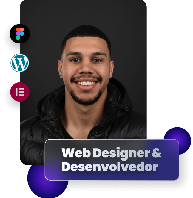 Imagem pessoal de perfil imagem pessoal de rosto do web designer lucas menezes sorrindo com os ícones das ferramentas figma, wordpress e elementor ao lado